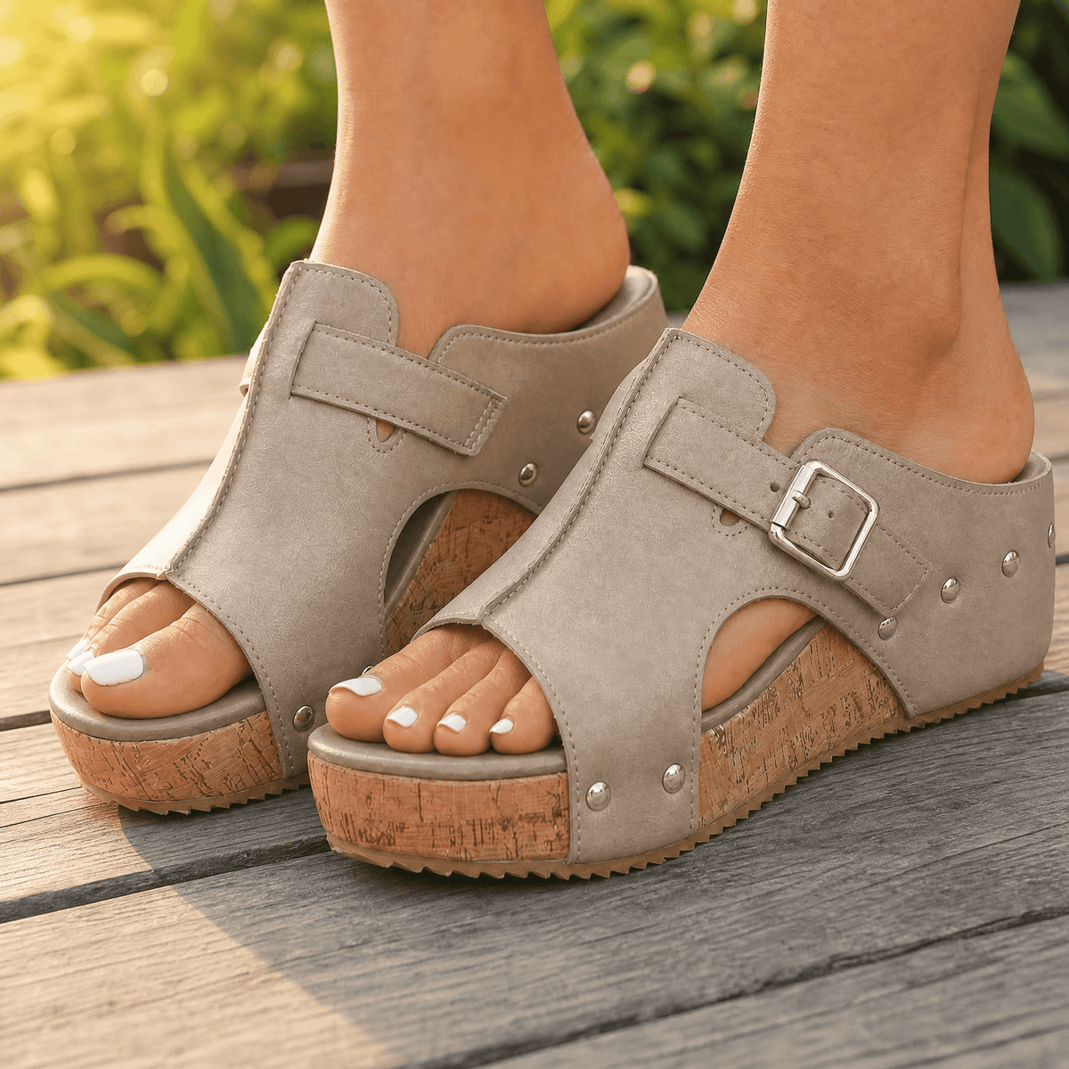Solana – Retro Cork Wedge Sandals with Rivet Detail Beige Without Strap / 6
