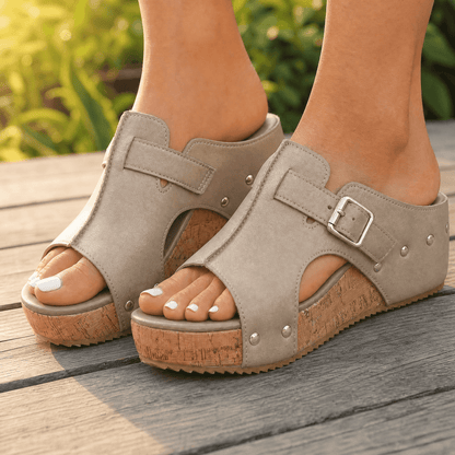 Solana – Retro Cork Wedge Sandals with Rivet Detail Beige Without Strap / 6