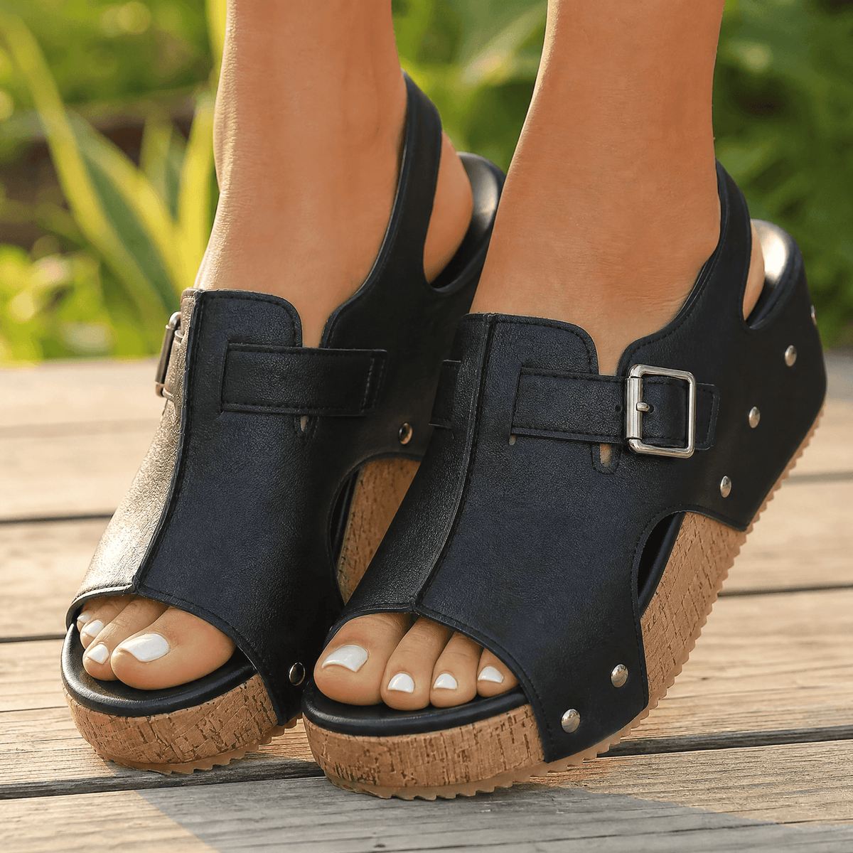 Solana – Retro Cork Wedge Sandals with Rivet Detail Black With Strap / 6