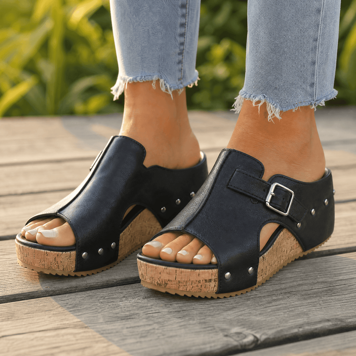 Solana – Retro Cork Wedge Sandals with Rivet Detail Black Without Strap / 6