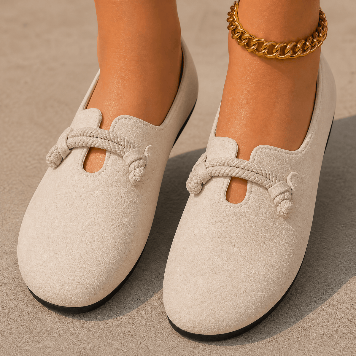 Sollea – Soft Suede Slip-On Flats with Rope Bow Beige / 5