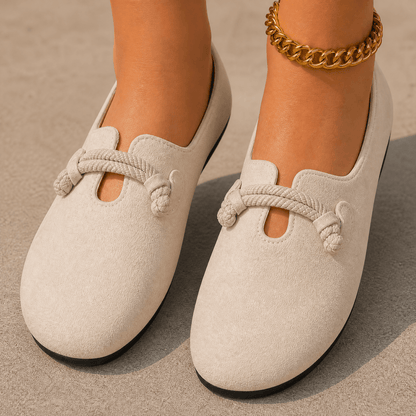 Sollea – Soft Suede Slip-On Flats with Rope Bow Beige / 5