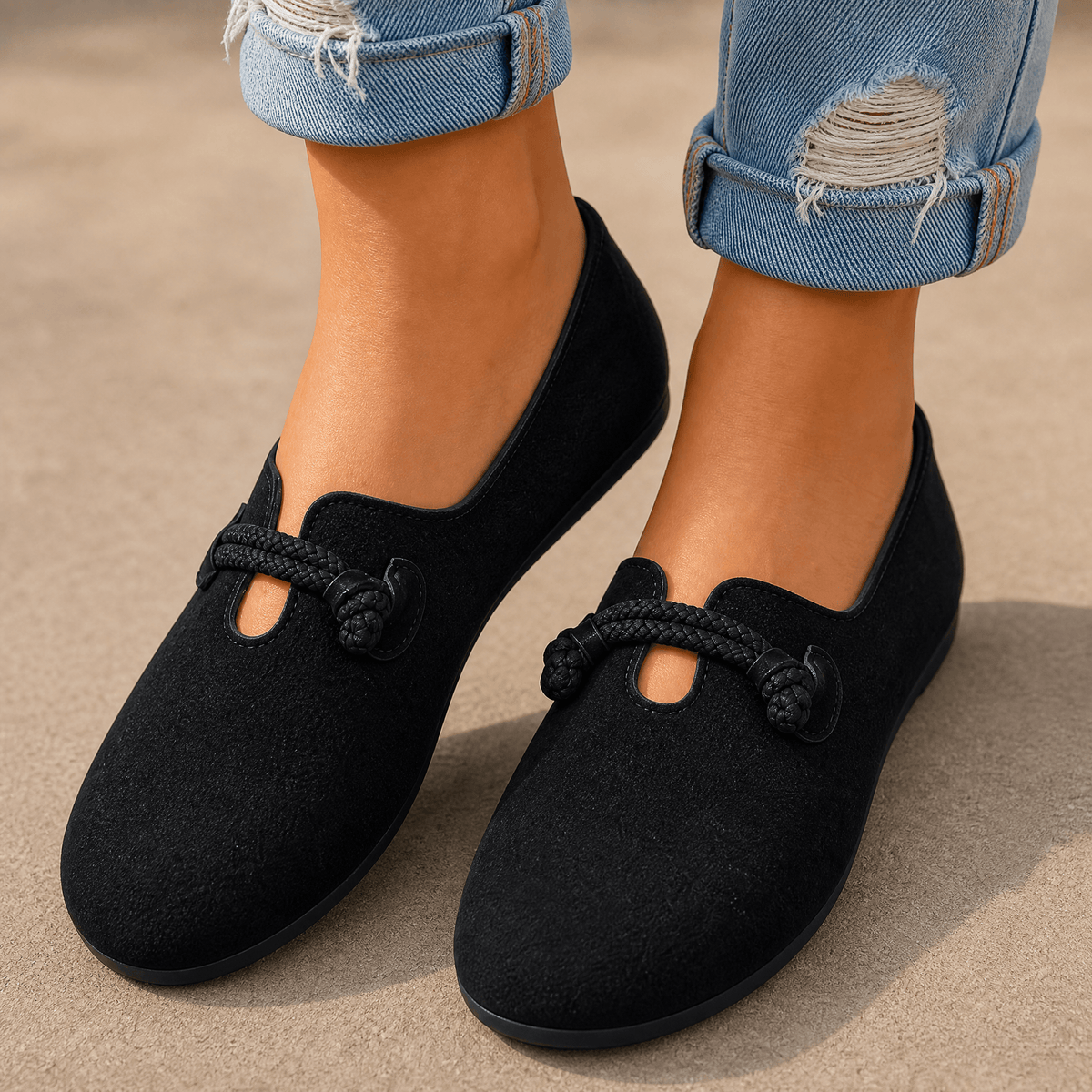 Sollea – Soft Suede Slip-On Flats with Rope Bow Black / 5