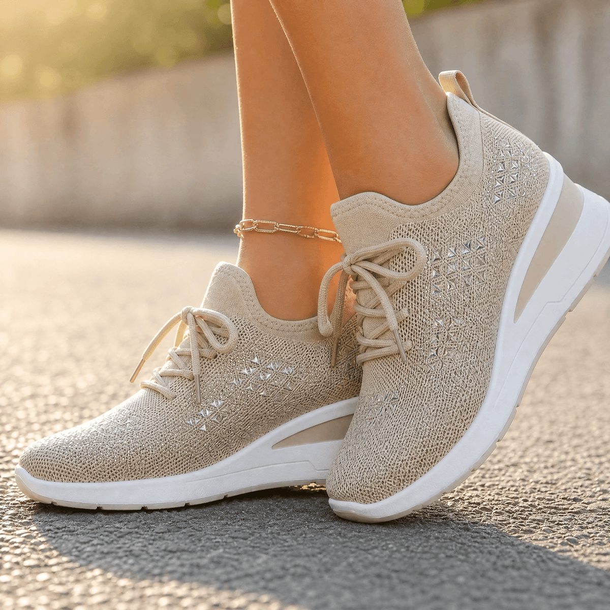 Stellara – Women’s Rhinestone Wedge Sneakers Beige / 6