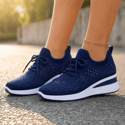 Stellara – Women’s Rhinestone Wedge Sneakers Blue / 6