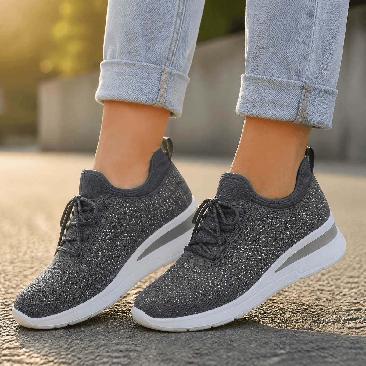Stellara – Women’s Rhinestone Wedge Sneakers Gray / 6