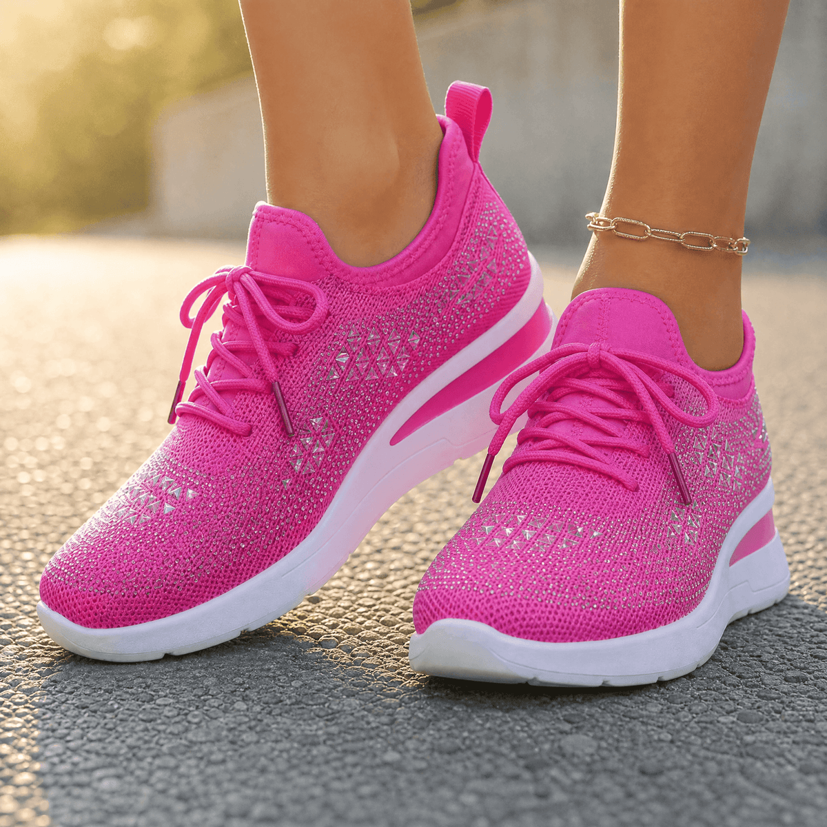Stellara – Women’s Rhinestone Wedge Sneakers Pink / 6