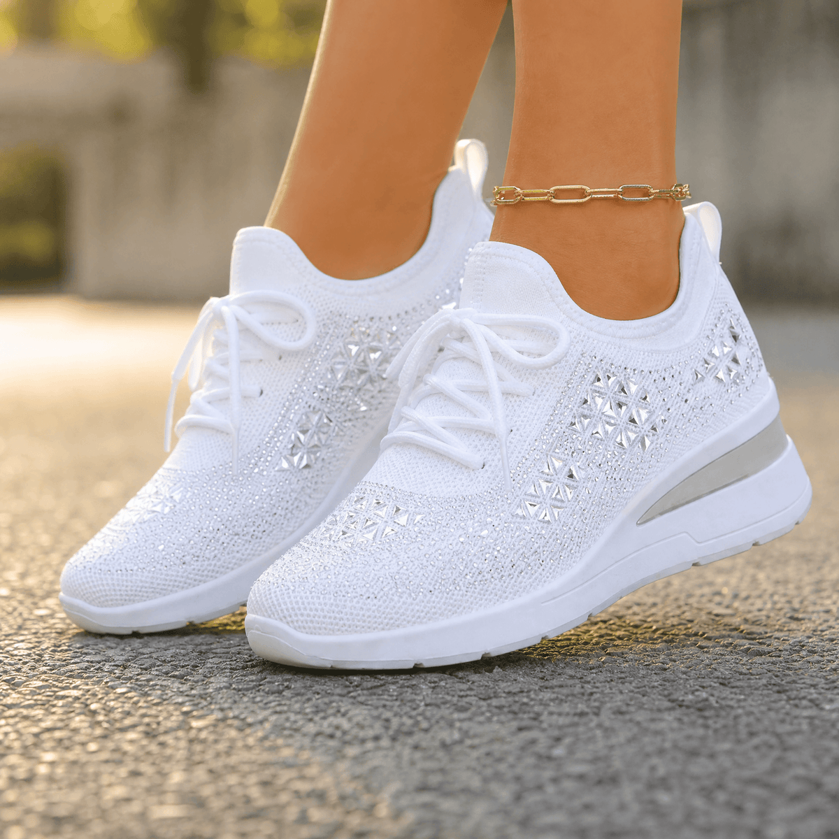 Stellara – Women’s Rhinestone Wedge Sneakers White / 6
