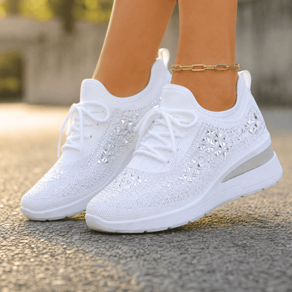 Stellara – Women’s Rhinestone Wedge Sneakers White / 6