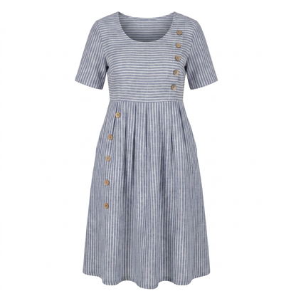 Striped midi dress in blue and white, front view