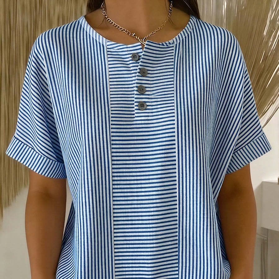 Striped button top in the Blue colorway