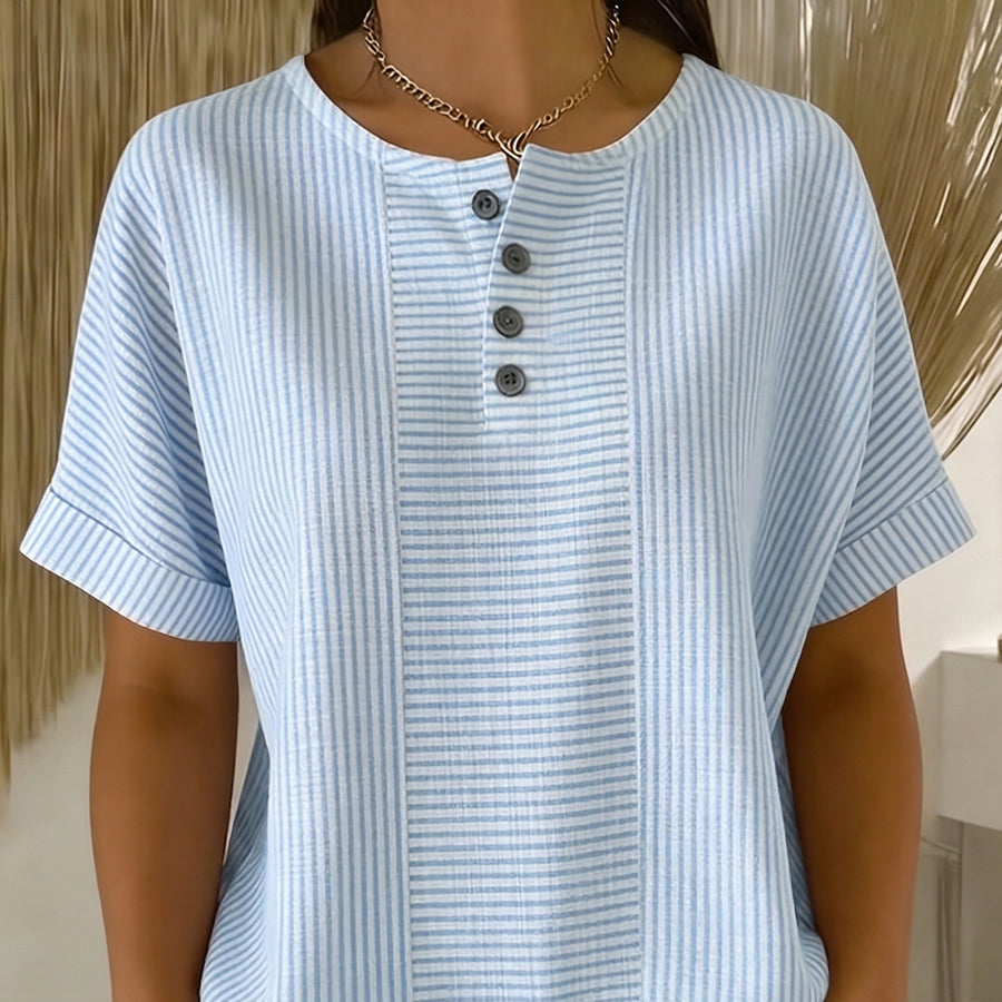 Striped button top in the Light Blue colorway