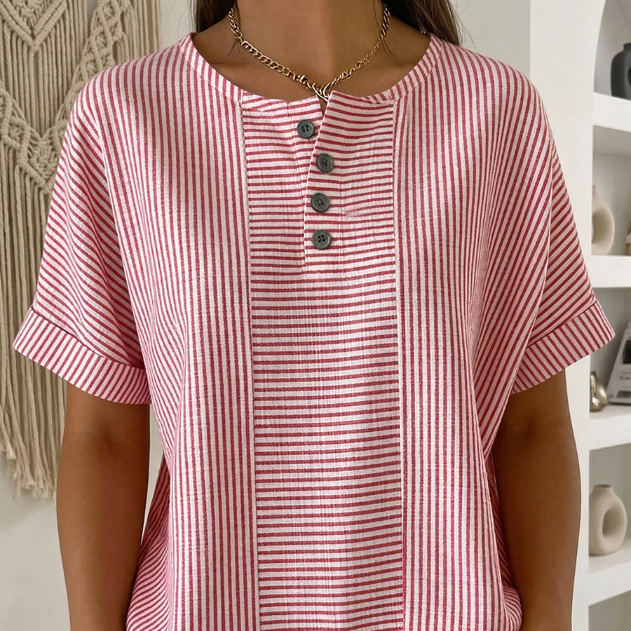 Striped button top in the Pink colorway