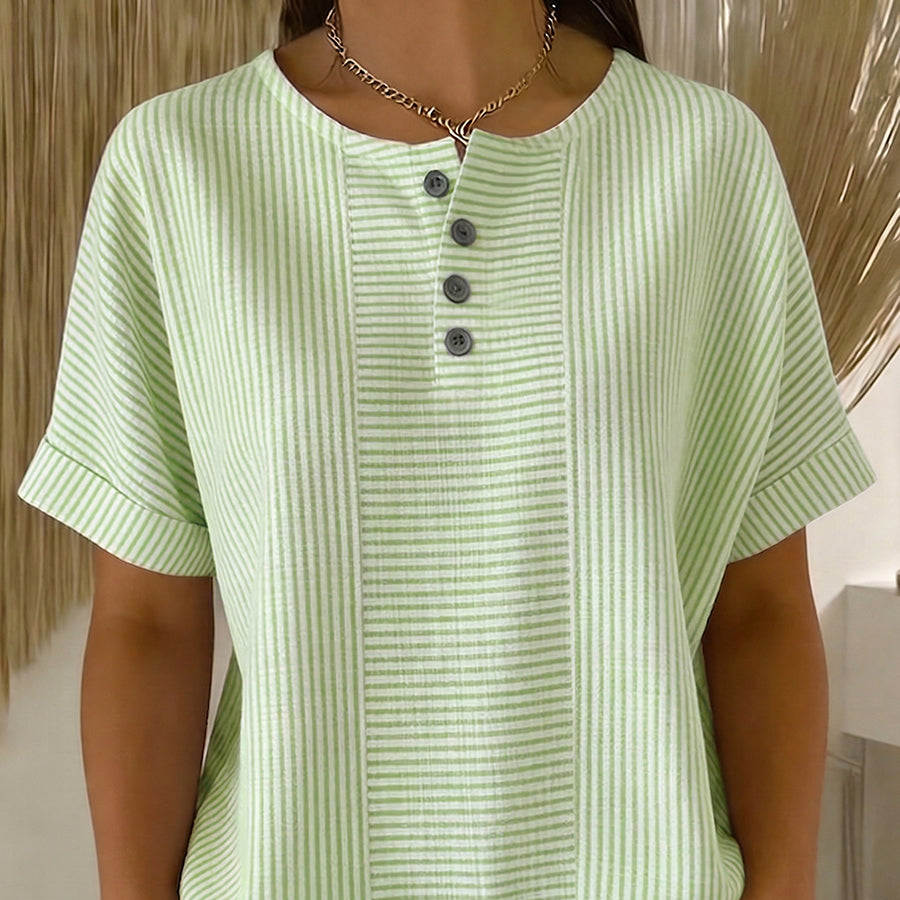 Striped button top in the Green colorway