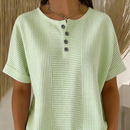 Striped button top in the Green colorway
