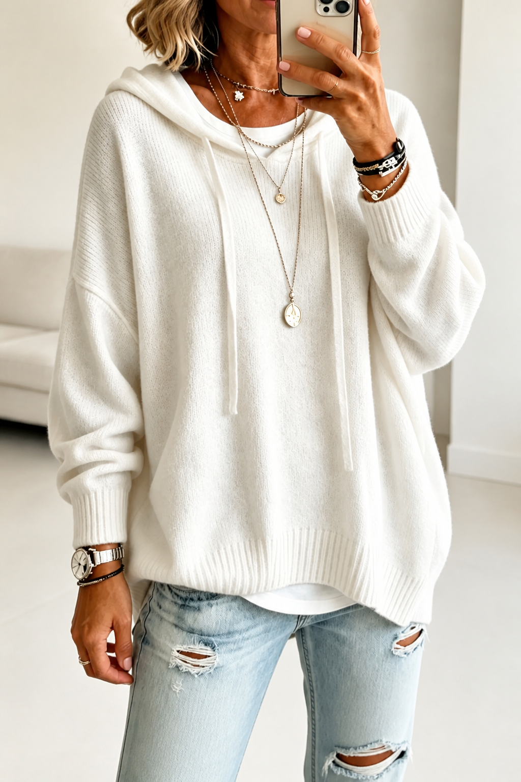 Hushlane – Oversized Drawstring Hooded Knit Sweater
