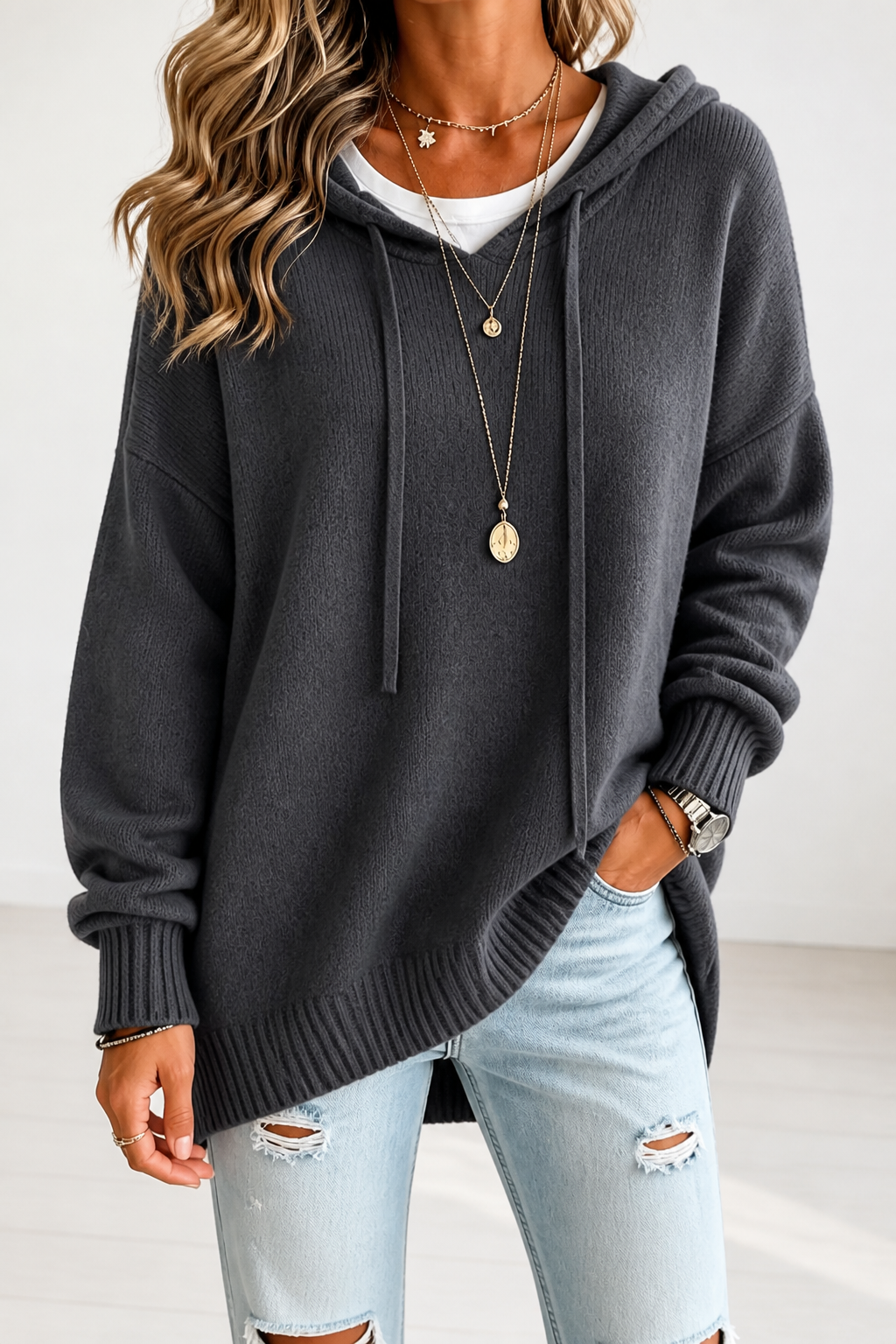 Hushlane – Oversized Drawstring Hooded Knit Sweater