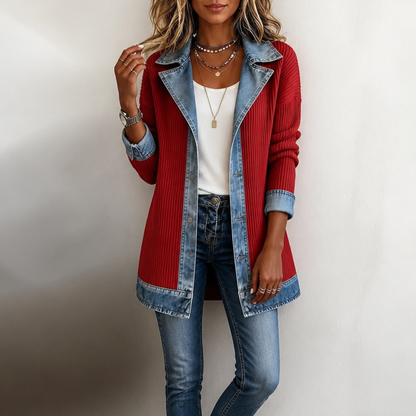 Ribova – Ribbed Knit Coat With Denim Panels