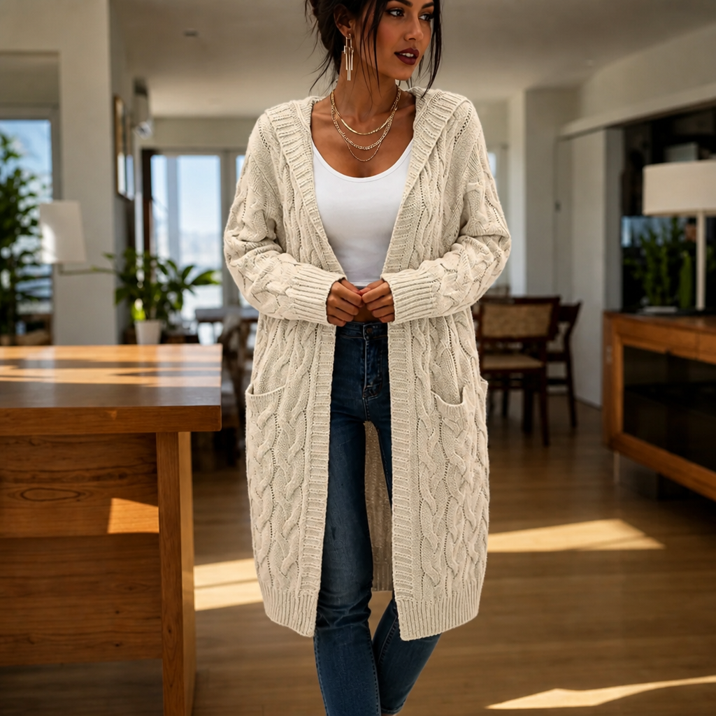 Wrapetta – Hooded Longline Cable-Knit Cardigan