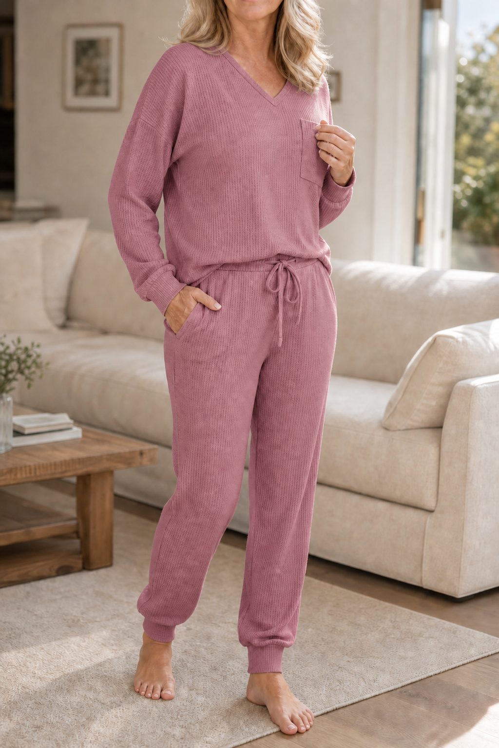 Wafflyn – Waffle-Knit-Look V-Neck Lounge Set
