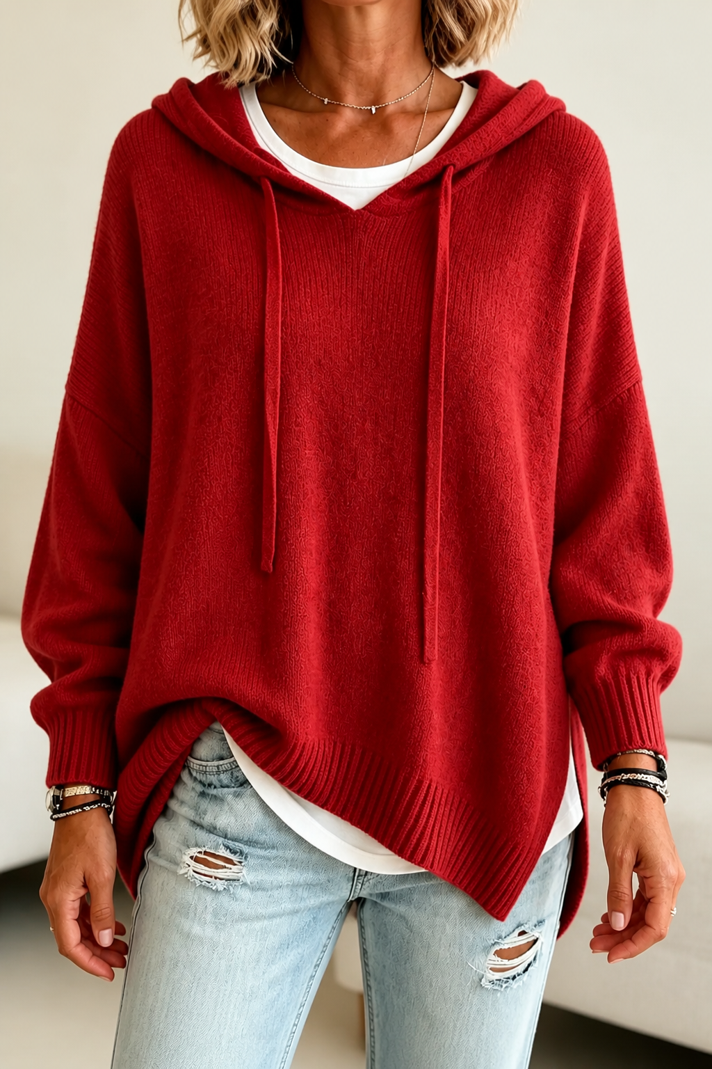 Hushlane – Oversized Drawstring Hooded Knit Sweater