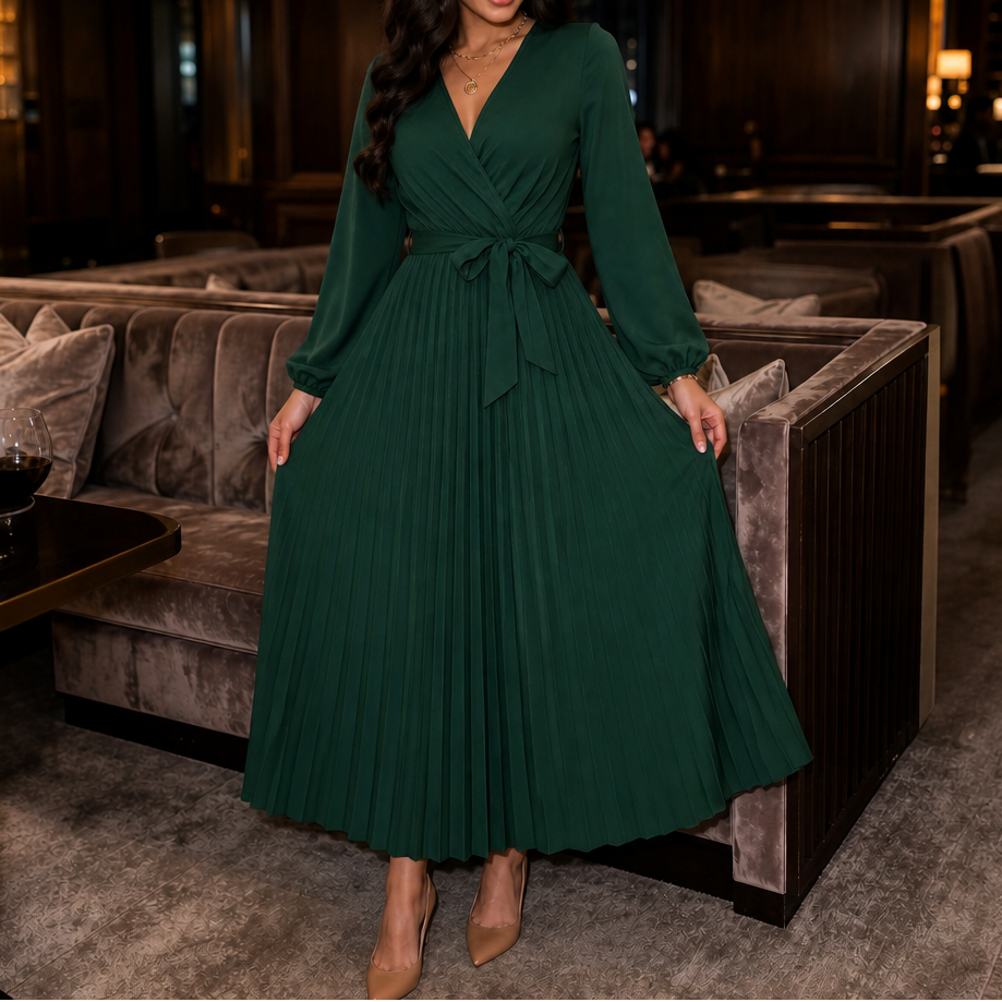 Pleatra – Pleated Wrap-Front High-Waist Maxi Dress