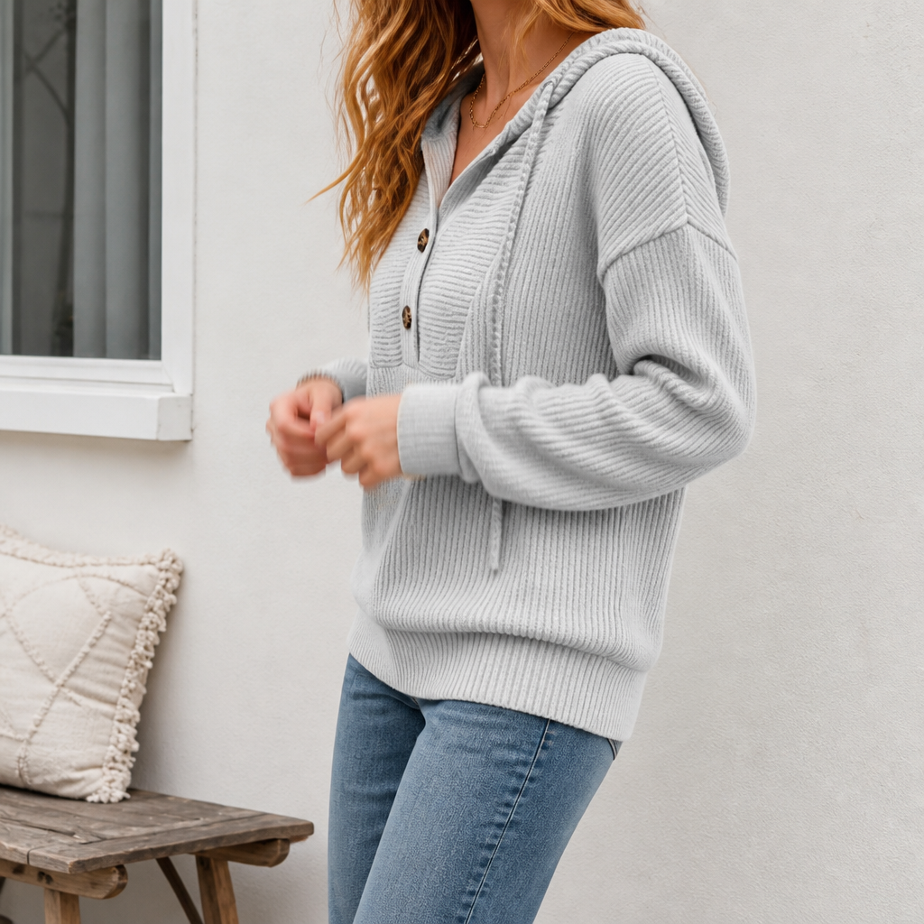 Hoodessa – Ribbed Knit Button-Neck Hoodie Sweater
