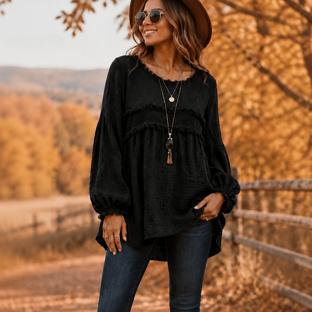 Fringella – Blusa boho con frange e maniche plissettate