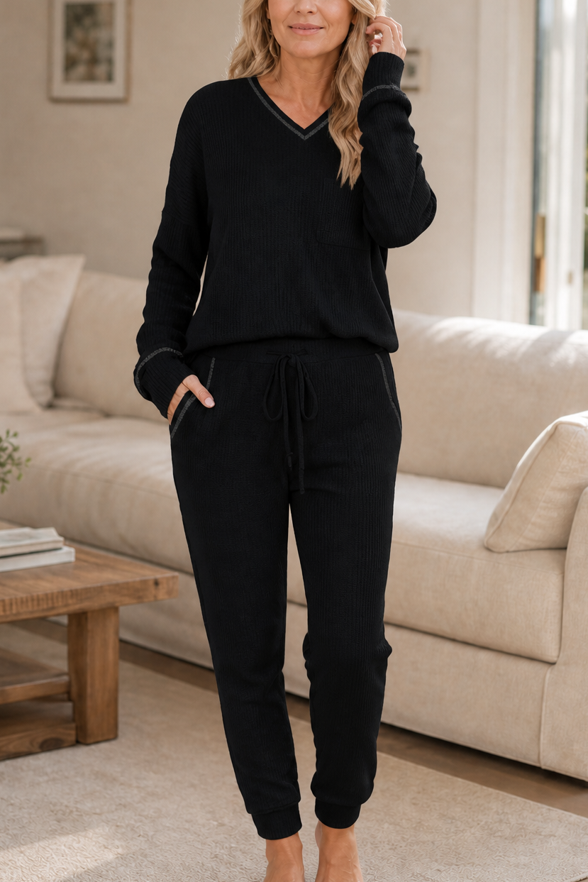 Wafflyn – Waffle-Knit-Look V-Neck Lounge Set