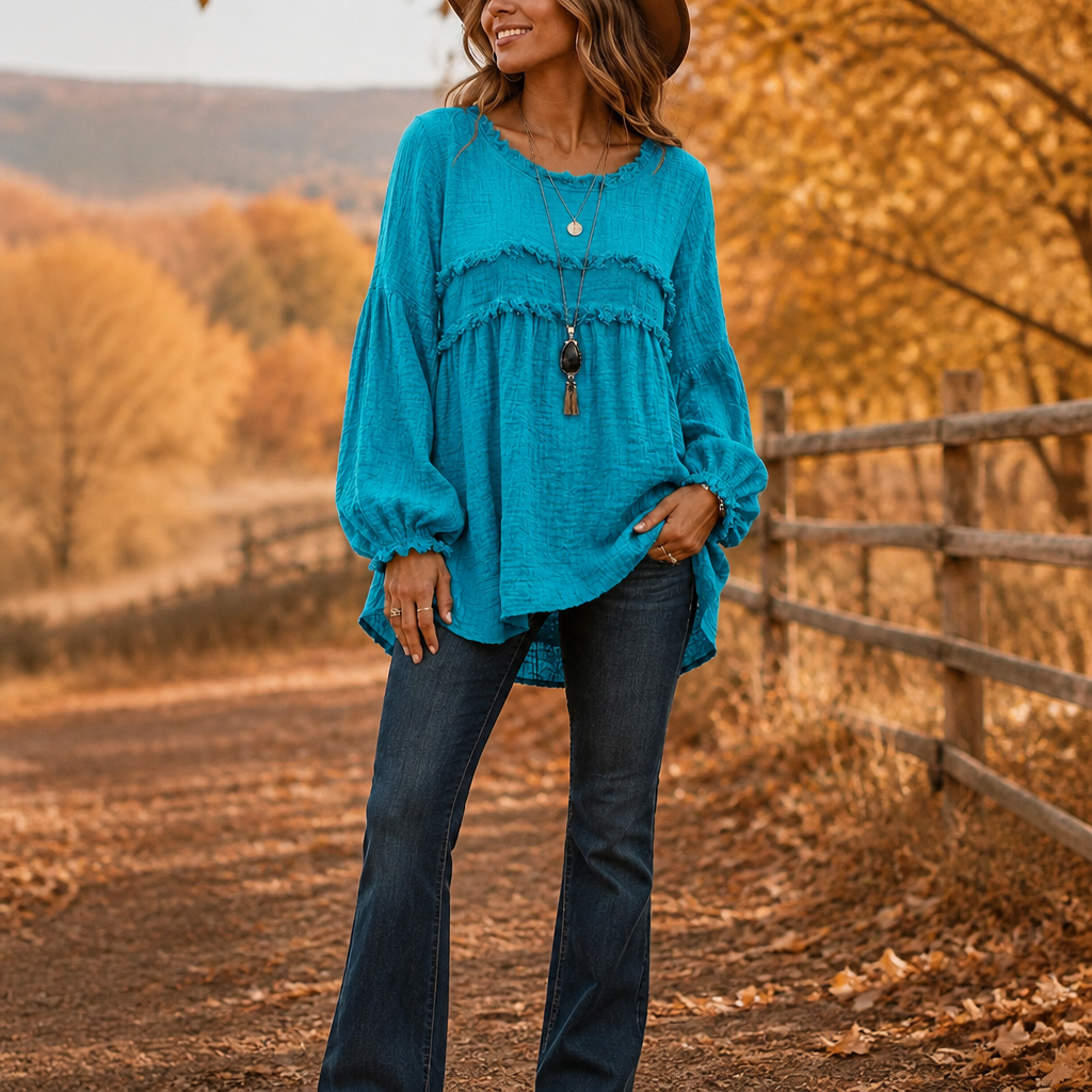 Fringella – Blusa boho con frange e maniche plissettate