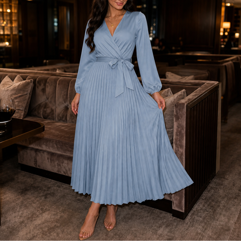 Pleatra – Pleated Wrap-Front High-Waist Maxi Dress