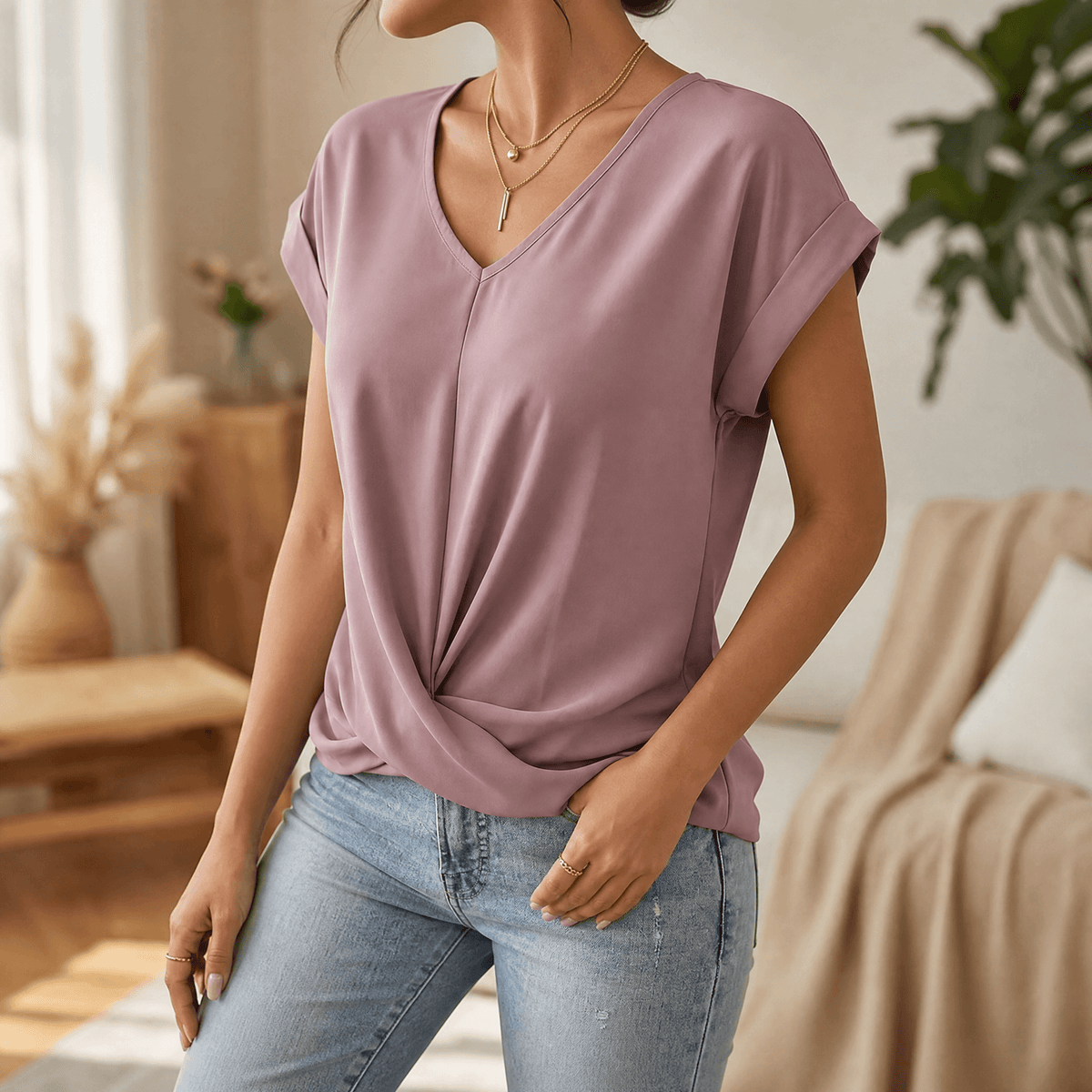 Veluna – Twist-Knot V-Neck Top for Effortless Everyday Style Dusty Mauve / S