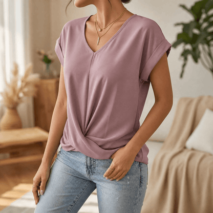 Veluna – Twist-Knot V-Neck Top for Effortless Everyday Style Dusty Mauve / S