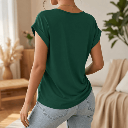 Veluna – Twist-Knot V-Neck Top for Effortless Everyday Style Emerald / S