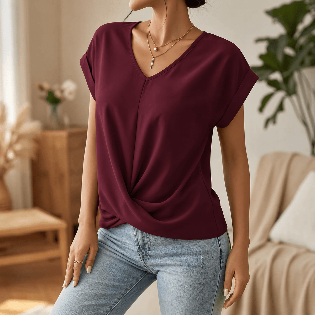 Veluna – Twist-Knot V-Neck Top for Effortless Everyday Style Maroon / S