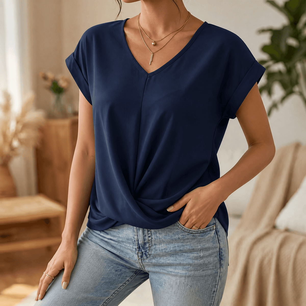 Veluna – Twist-Knot V-Neck Top for Effortless Everyday Style Navy blue / S