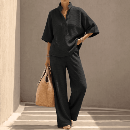 Vienelle – Women's Waffle-Knit Two-Piece Set Black /