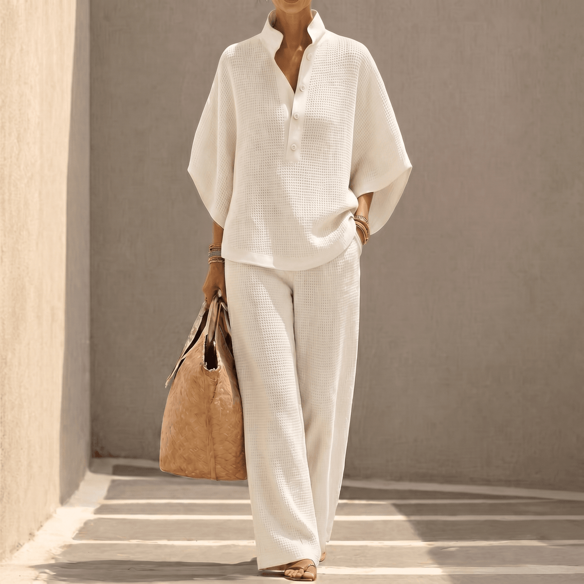 Vienelle – Women's Waffle-Knit Two-Piece Set Ivory /
