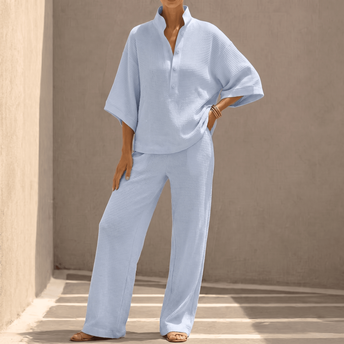 Vienelle – Women's Waffle-Knit Two-Piece Set Powder Blue /