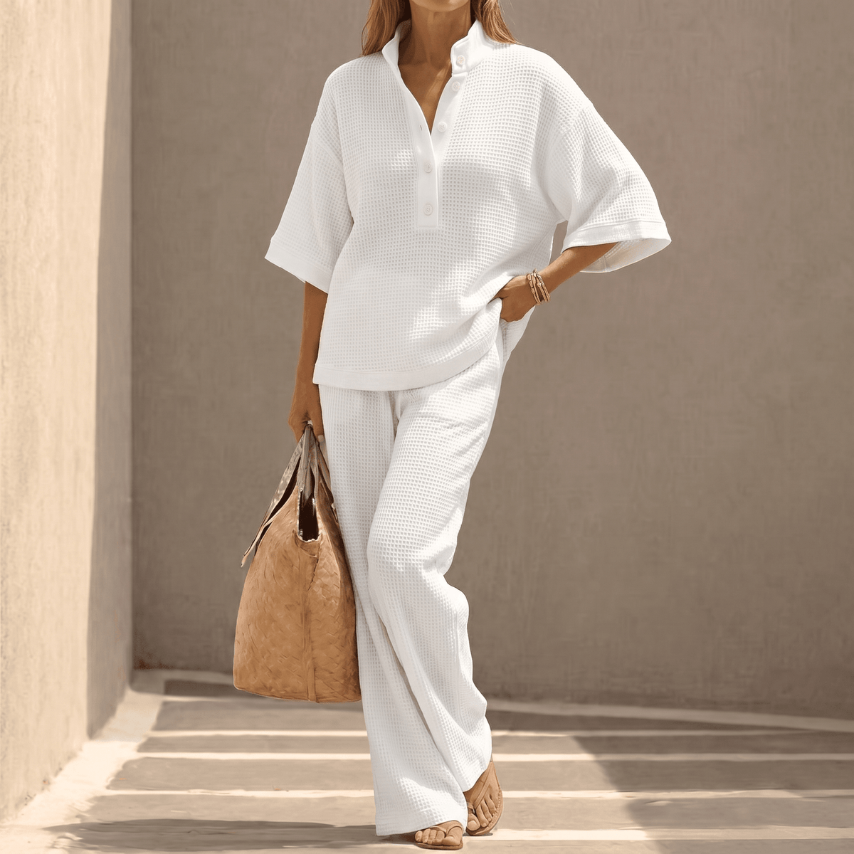 Vienelle – Women's Waffle-Knit Two-Piece Set White /