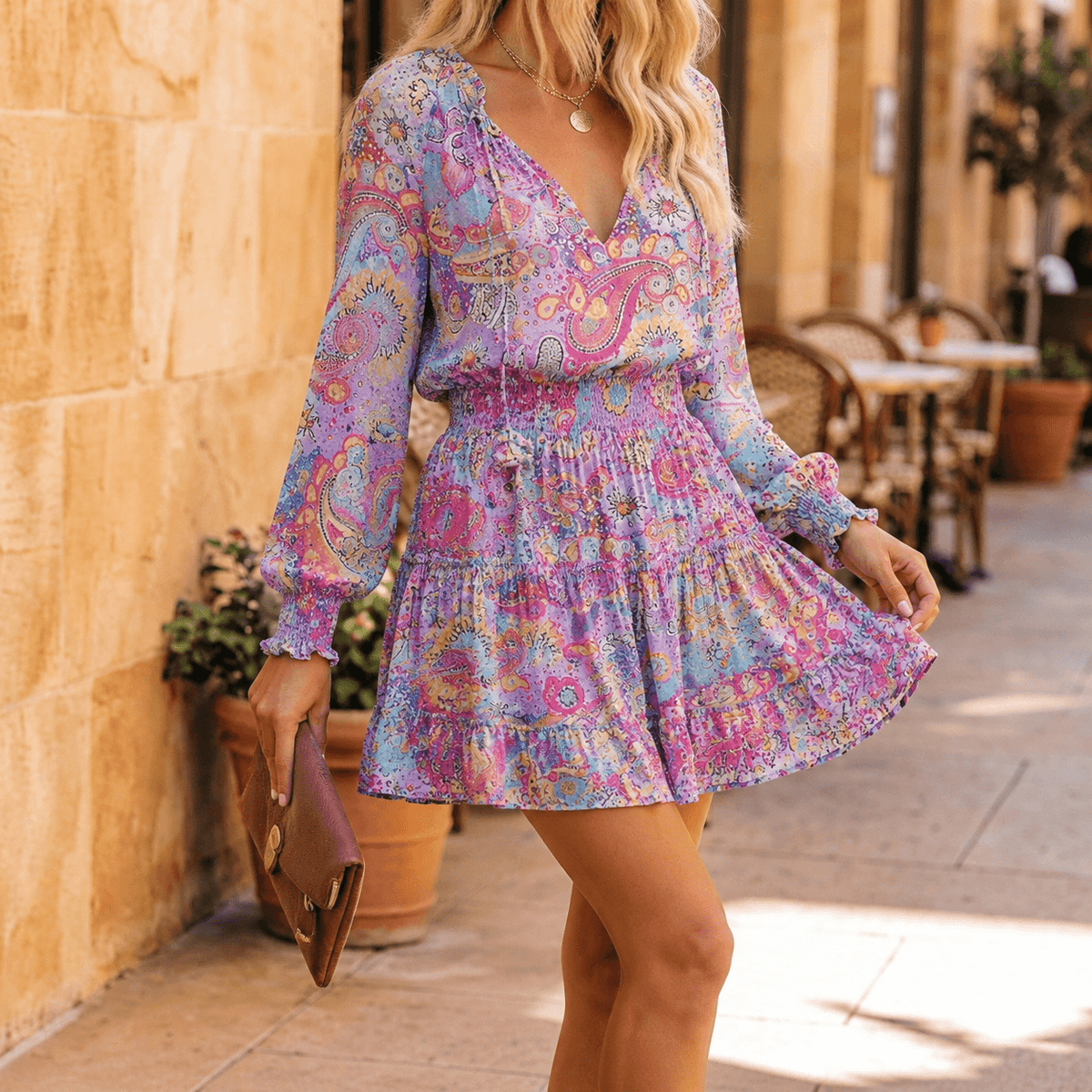 Vivara – V-Neck Ruffle Mini Dress with Lantern Sleeves Light Purple