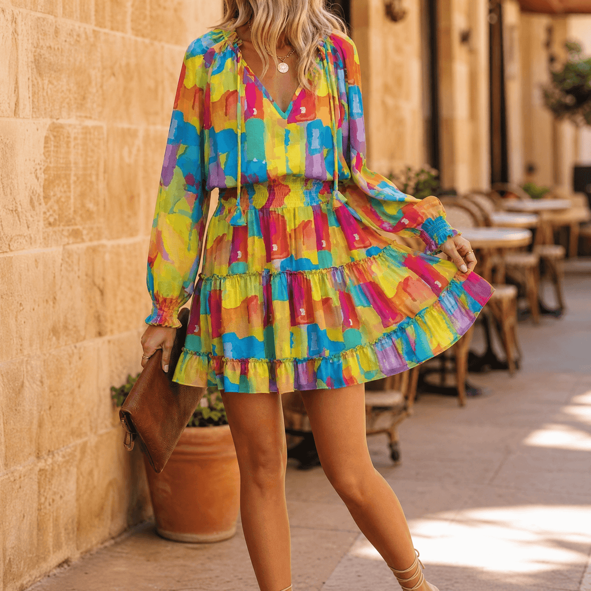 Vivara – V-Neck Ruffle Mini Dress with Lantern Sleeves Multicolored