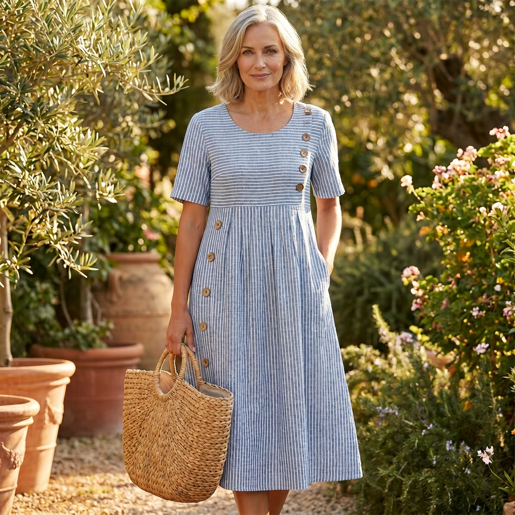 Woman wearing the blue striped midi dress outdoors